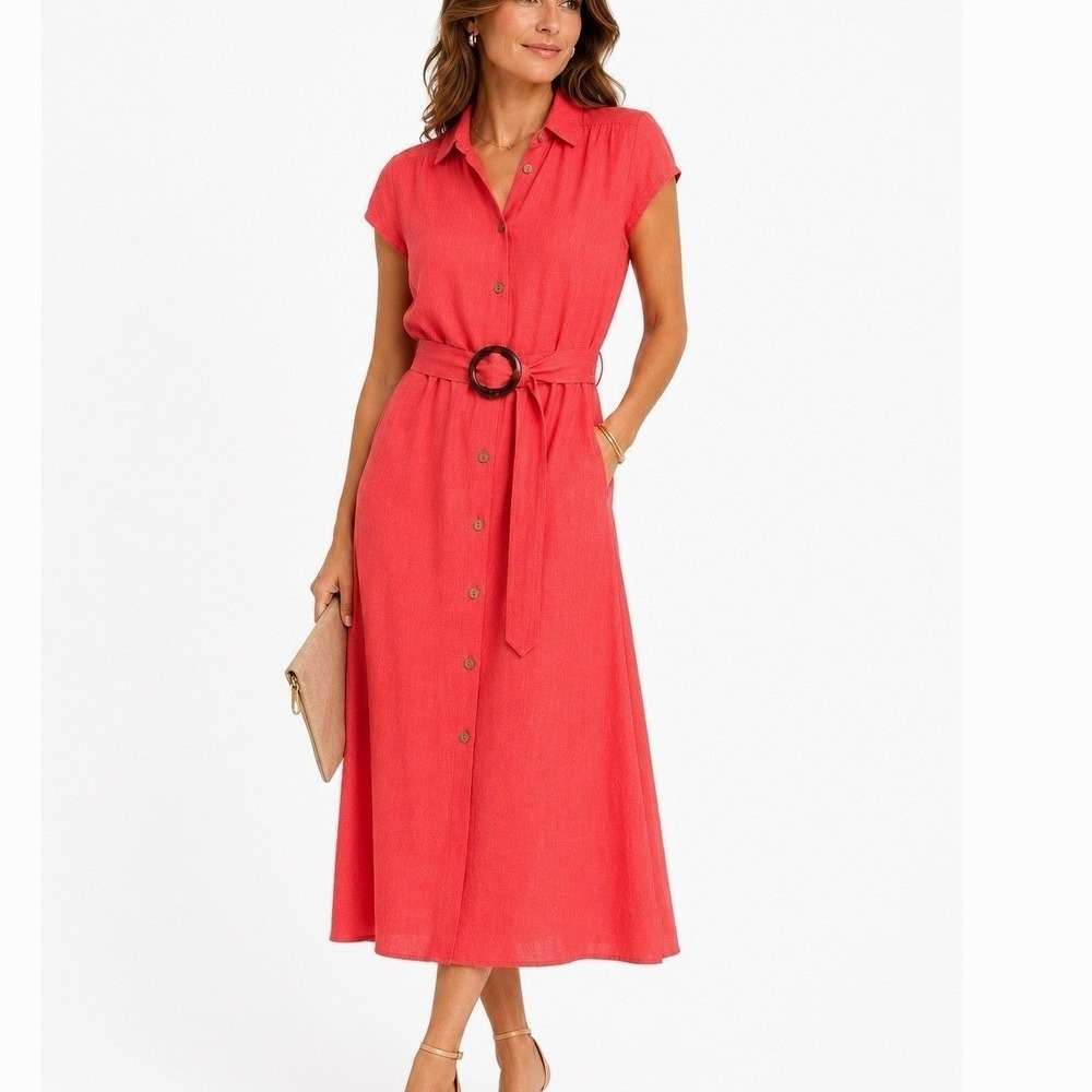 Apricot Coral Belted Button Front Midi Dress Linen